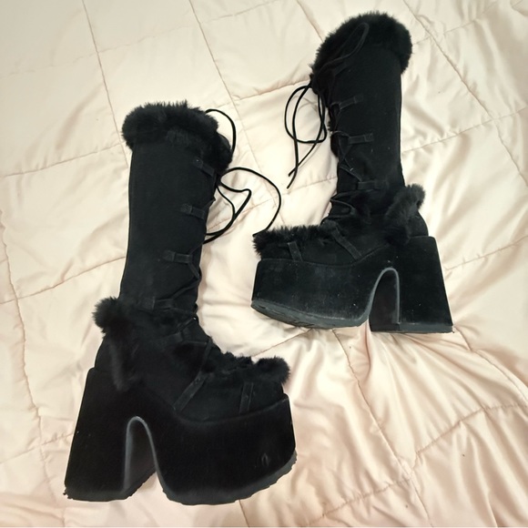 Demonia Shoes - Black Platform Fur Boots
